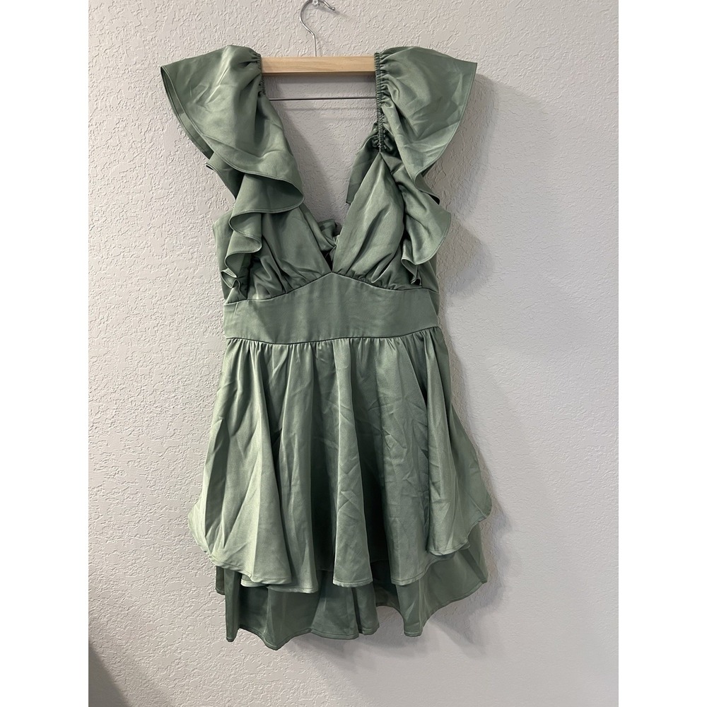 Green Satin Ruffle Romper Mini dress size M - Picture 1 of 6
